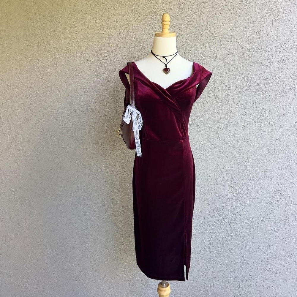 Vintage Premier Amour Burgundy Velvet Midi Dress Size 14 Party Cocktail Holiday